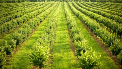 Rows of green trees in an orchard, likely apple trees, under a bright sky. Organized fruit cultivation.