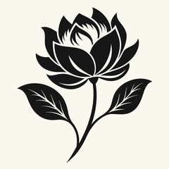 Stylized Black Flower, Blossom Silhouette with Leaves on OffWhite Background Design