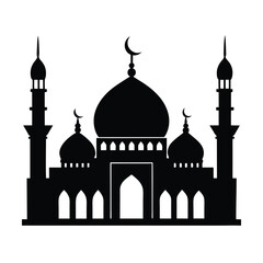 Minimalistic Mosque Silhouette Featuring Crescent Moon And Minarets In Black And White