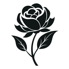Elegant Rose Silhouette Blooming Flower with Stem and Leaves in Black and White