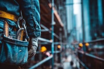 Close up of construction worker with tool belt, safety harness on scaffolding and skyscraper background, showing construction site, teamwork, skilled labor and urban development.