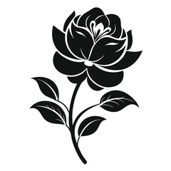 Elegant Black Rose Silhouette with Stem and Leaves on a White Background Design