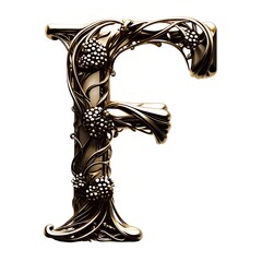 Ornate Decorative Letter F with Intricate Vines and Grapes Design