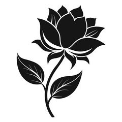 Elegant Black Flower Silhouette With Stem and Leaves on a Clean White Background