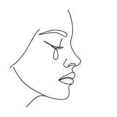 Continuous Line Drawing Of Female Face With Tear Elegant Minimalism