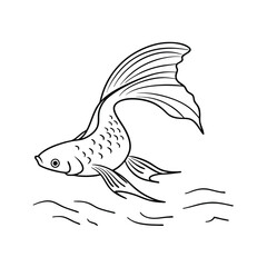 Hand Drawn Goldfish Illustration With Flowing Fins And Water For Coloring Books