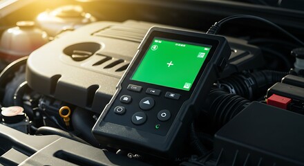 Automotive diagnostics tool with green screen display on a car engine bay