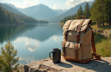 Lightweight brown backpack with black cup rests on rock near tranquil lake. Natural background mountains hills forest. Summer hiking camping trip adventure. Concept travel tourism expedition journey