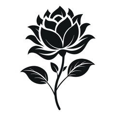 Black Flower Silhouette Art Elegant Blooming Rose with Stem and Detailed Leaves Design
