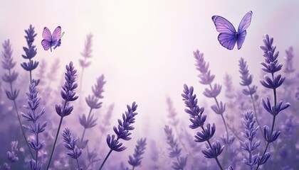 Serene photo lavender flowers with two butterflies on pastel purple background. Watercolor design evokes tranquil atmosphere perfect for spa wellness, wedding invites, greeting cards. Floral design,
