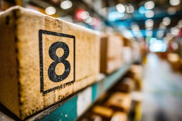 Close-up of a brown cardboard box labeled with the number 8 in a square, situated on a shelf in a bustling warehouse environment with blurred lights and boxes.