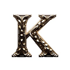 A regal golden letter K, exquisitely adorned with ornate baroque flourishes, evokes elegance and timeless sophistication against a stark white backdrop.