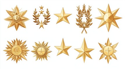 Obraz premium Collection of golden stars and laurel wreaths, isolated on white background.