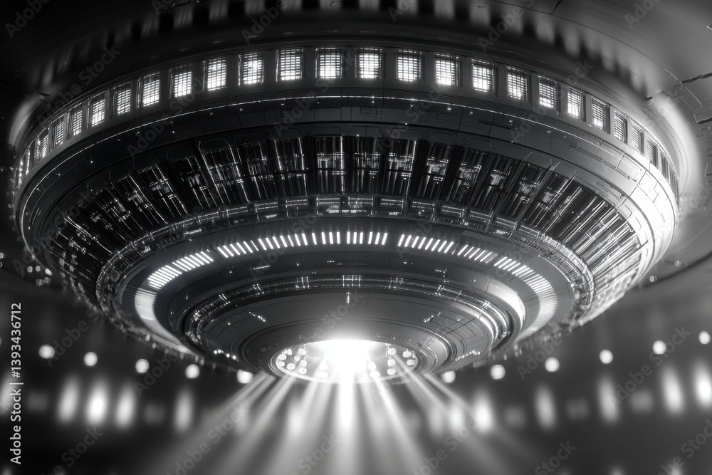 Poster monochrome rendering of a ufo beaming light from its underside, showcasing intricate design and myst