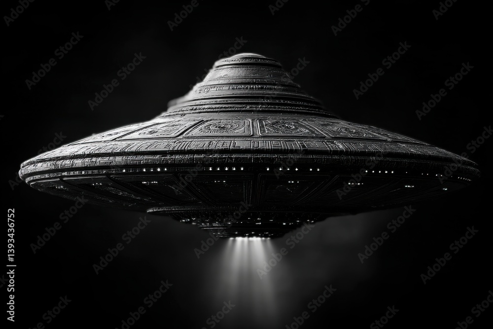 Aufkleber a monochrome artistic rendering of a ufo with intricate patterns and bright beams of light emanating