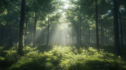 Fototapeta premium Sunlight streams through a misty forest