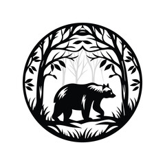 Circular Forest Silhouette with Black Bear Walking, Wilderness Scene, Nature