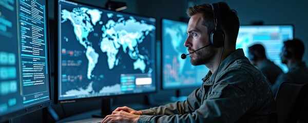 Cyber defense operation center with military analysts monitor threats in real time. Specialists use computers, communication tools protect network. Teamwork, cybersecurity, surveillance, information
