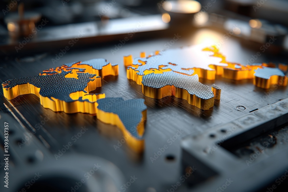 Poster artistic rendering of a stylized world map with golden borders on a textured surface, conveying glob