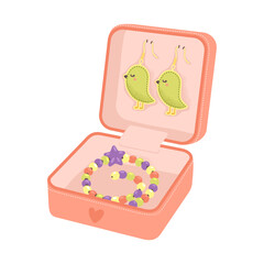Kids jewelry box with green bird-shaped earrings and colorful beaded bracelet. Children's jewelry storage. Vector flat illustration.