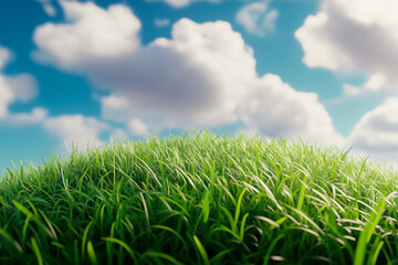 Fototapeta premium A lush patch of vibrant green grass fills the foreground, reaching towards a bright blue sky dotted with fluffy white clouds.