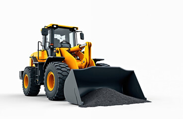 Yellow front loader, isolated on white background. Construction machinery, earthmoving equipment. Heavy duty machine for construction site. Industrial vehicle transports sand, rocks or gravel.