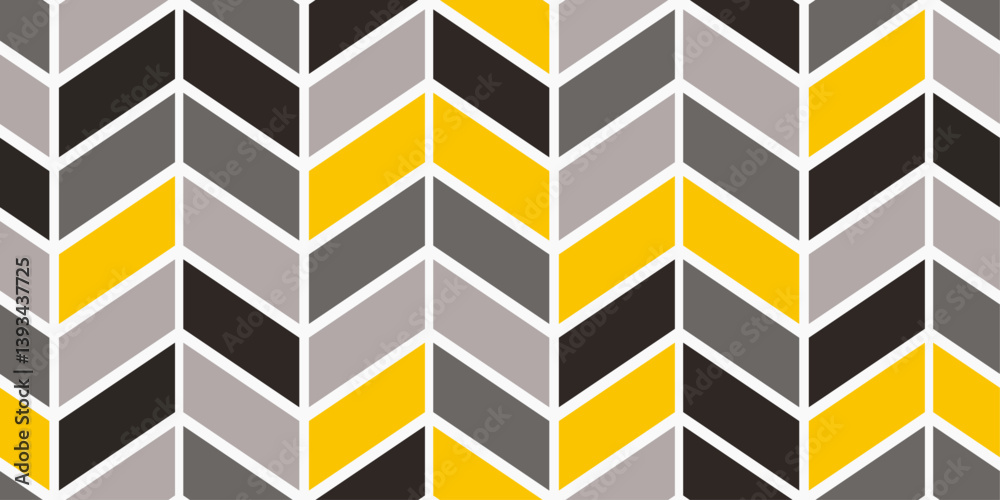 Poster The pattern is composed of black, gray, light gray, and yellow rectangles arranged in a repeating chevron formation. Abstract wall.