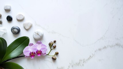 Sea stones of various shapes and sizes, and next to them a bright blooming orchid on the background of a light marble surface. A photo with a place for the text.