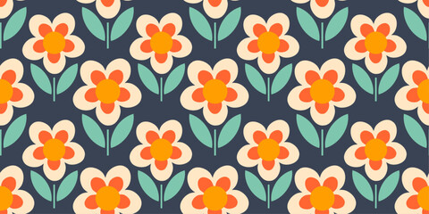 The flowers are a cream color with orange centers and red outlines, and they have five petals each. Each flower is accompanied by two green leaves.