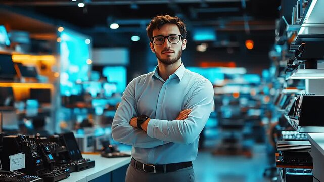 Confident sales associate in a modern electronics store showcasing various gadgets and devices