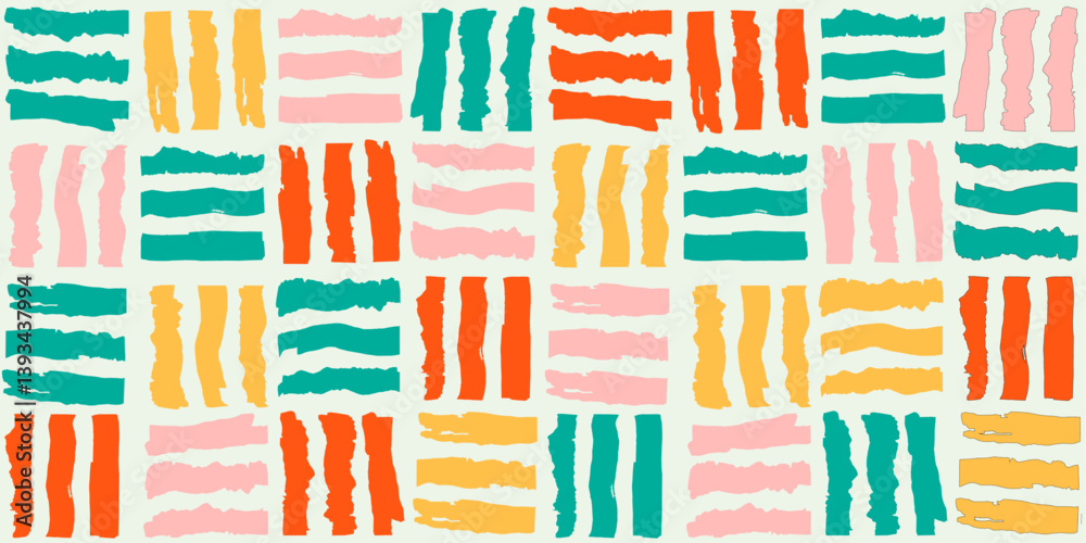 Poster The stripes are painted in a rough, textured style, creating a dynamic and playful visual effect. The dominant colors are teal, orange, yellow, and pink, set against a light green background.