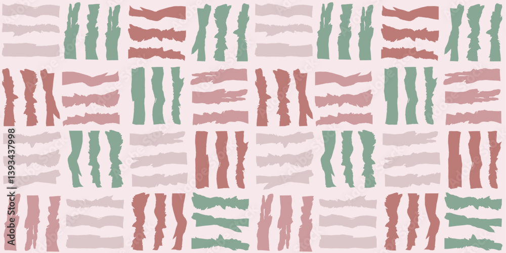 Poster The shapes are composed of vertical and horizontal lines, creating a grid-like structure. The lines are in shades of green, red, and pink, with a slightly textured appearance.