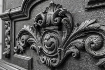 Elaborate wood carving featuring intricate floral and scroll details, showcasing craftsmanship and elegant design on a vintage architectural element in monochrome.