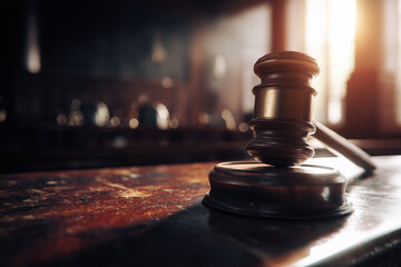 A wooden judge's gavel rests on a textured wooden surface in a dimly lit courtroom setting.