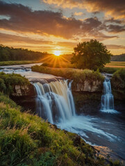 Golden sunrise over a serene waterfall.