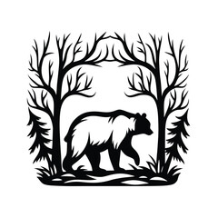 Silhouette of Bear Walking Through Forest. Black and white animal in nature scene