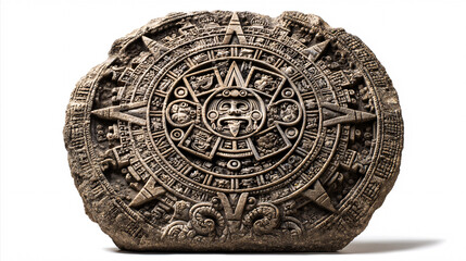 Fototapeta premium An elaborately carved Mayan calendar stone, a historical archaeological find, shown against a white backdrop. 