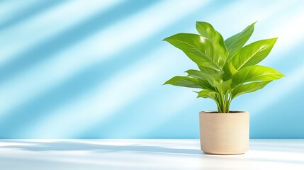 Fresh green plant in a light-colored pot, bathed in sunlight