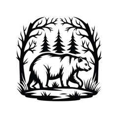 Walking Bear Silhouette, Wild Animal in Forest, Wildlife with Pine Trees