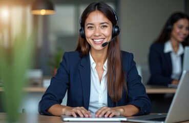 Smiling Latin American business woman office worker wearing headset. Working with laptop, happy to assist. Call center, customer support, client service representative using tech for online