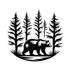 Silhouette of Bear Walking Through Pine Forest, Black and White Minimalist