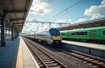 Naklejka premium Trains arrive depart at Drogheda Macbride train station in Ireland. Trains travel on line connecting Dublin to Belfast. Rail platforms with trains on sunny day. Travel by railway, public transport.