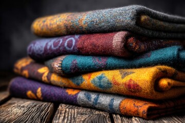 A neatly stacked collection of textured blankets in rich, earthy tones creates an inviting and cozy atmosphere on top of an old wooden surface.