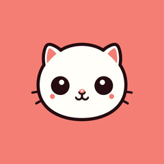 Cartoon Cat Head with Big Eyes on Coral Pink Background