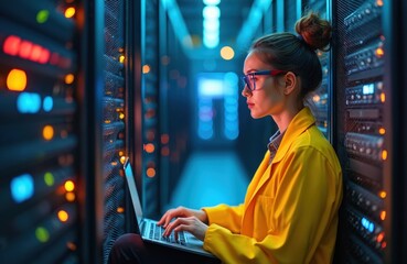 Female specialist works in modern data center server room. Woman using laptop, surrounded by network equipment. Monitors system health, ensuring secure data management, high speed connection. Tech