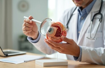 Doctor examines eye anatomy model using magnifying glass. Ophtalmologist uses visual aid studying eye. Eye disease concept. Refractive errors vision healthcare.