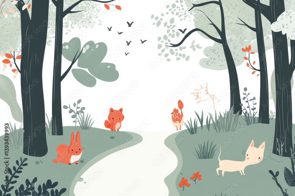 Poster Forest path illustration features soft animals walking together in a peaceful woodland environment during a calm day