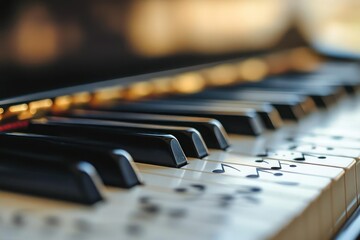 Close-up piano keys with musical notes