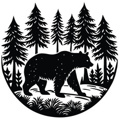 Silhouette of Black Bear Walking Through Forest, Trees, and Landscape, Monochromatic