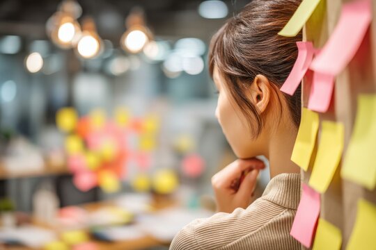 An Asian woman contemplates a wall filled with sticky notes, engaged in a brainstorming session for innovative problem solving in her workplace.